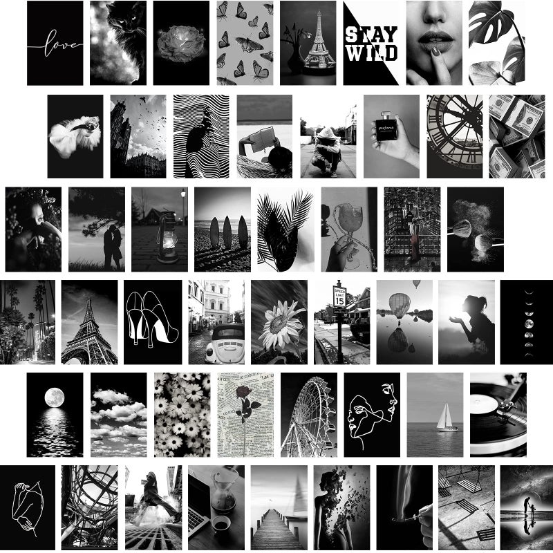 Yasowdkel Black White Aesthetic Wall Collage Kit, Aesthetic collage kit, 50PCS 4x6 Inch Picture Collage Kit for Wall Aesthetic,Black picture wall collage,Dorm Wall Decor, Cute Wall Decor for Teen - Image 1
