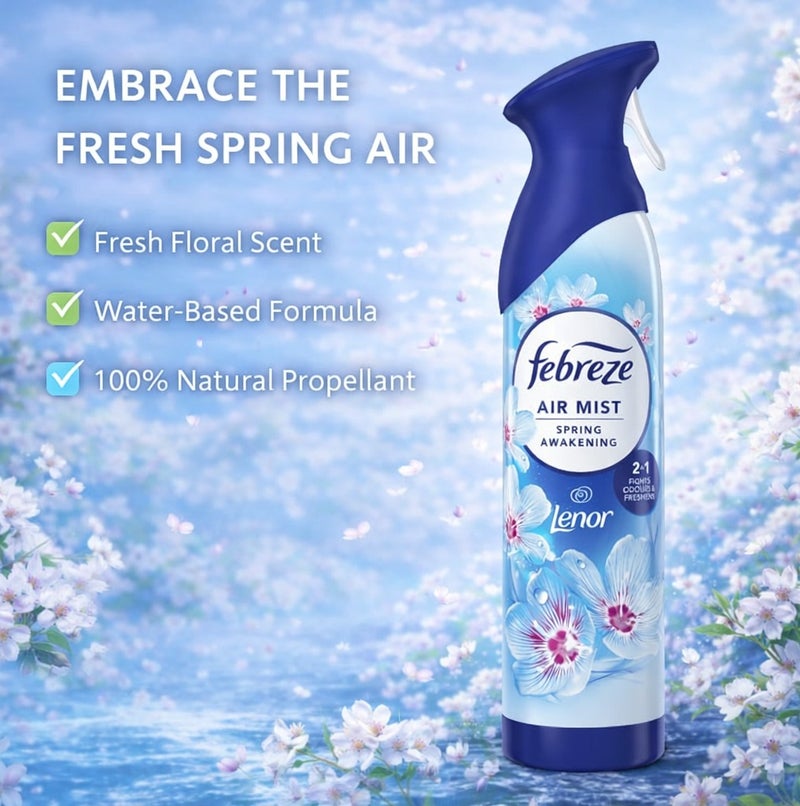 Febreze Air Mist Spring Awakening by Lenor 185ml Air Freshener Spray, Long Lasting Fresh Floral Fragrance, Odor Eliminator Spray, Water Based Formula, Natural Propellant Home Bathroom Bedroom Office Freshener - Image 3