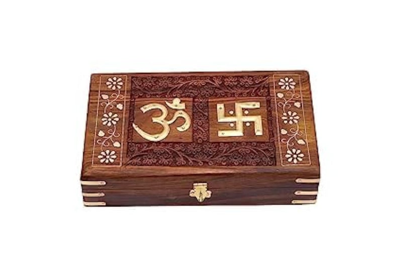 Woodiva Beautiful Handmade Sheesham Wooden Storage Box - Hand Carved Jewelry Box & Decorative Gift OM Box (10X6X2.5Inches) (Om+Swastic) - Image 1