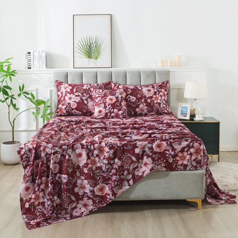 FADFAY Floral Sheets Set King Vintage Red Floral Bedding Shabby Pink Rose Elegant Peony Sheets Rustic Farmhouse Bedding 800 Thread Count 100% Egyptian Cotton Deep Pocket Fitted Sheet 4Pcs, King Size - Image 2