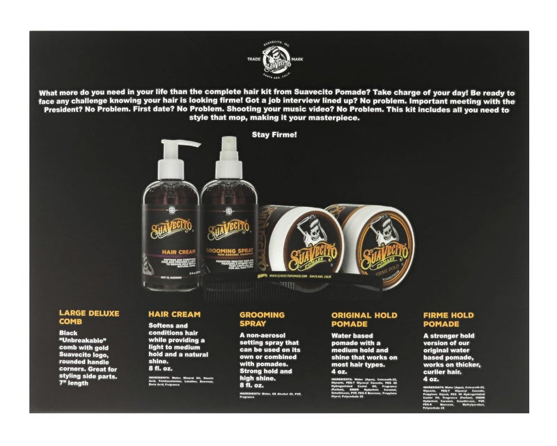 Suavecito Men's 5 PC Hair Kit - Original & Firme (Strong) Hold Medium Shine Pomade, Hair Cream and Grooming Spray, Large Deluxe Comb - Image 2