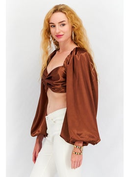 Women Twist Neck Long Sleeves Plain Crop Blouse, Chocolate