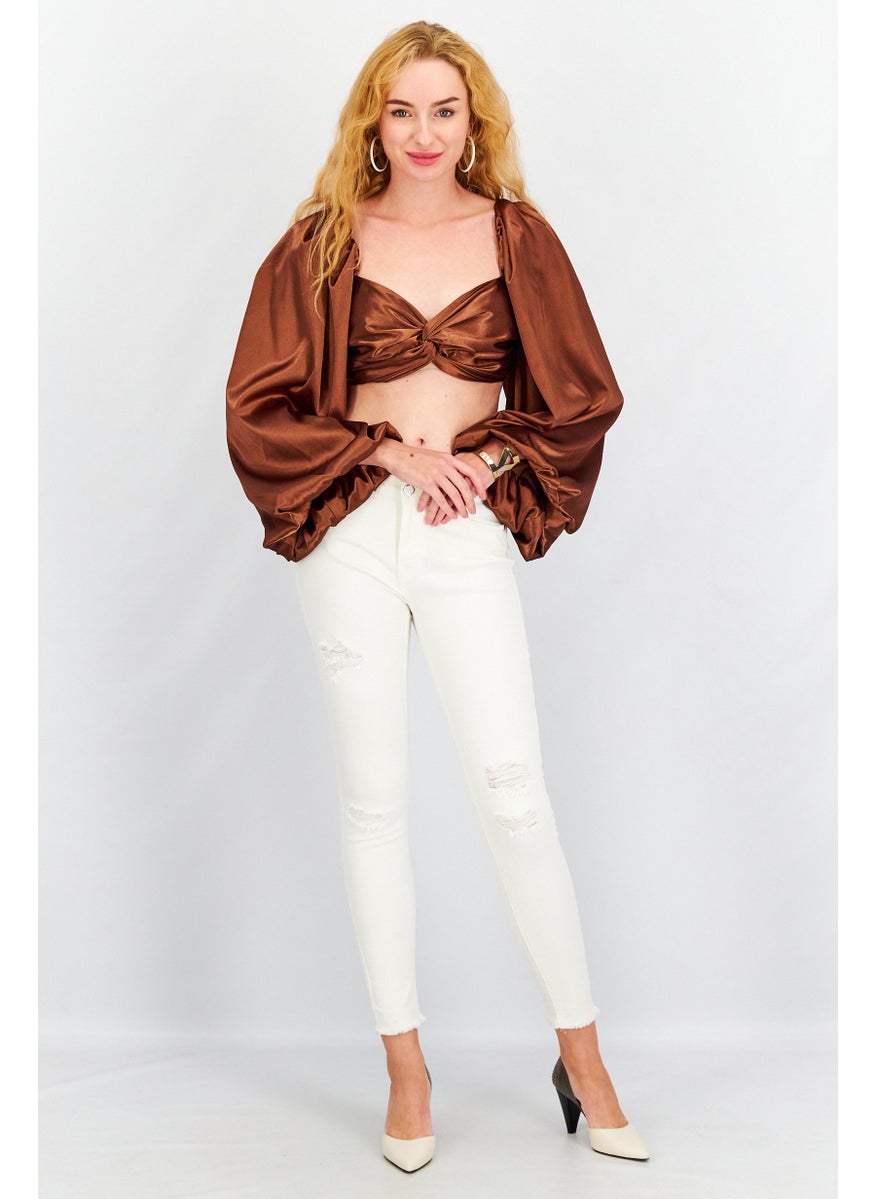 Yaura - Women Twist Neck Long Sleeves Plain Crop Blouse, Chocolate - Image 1