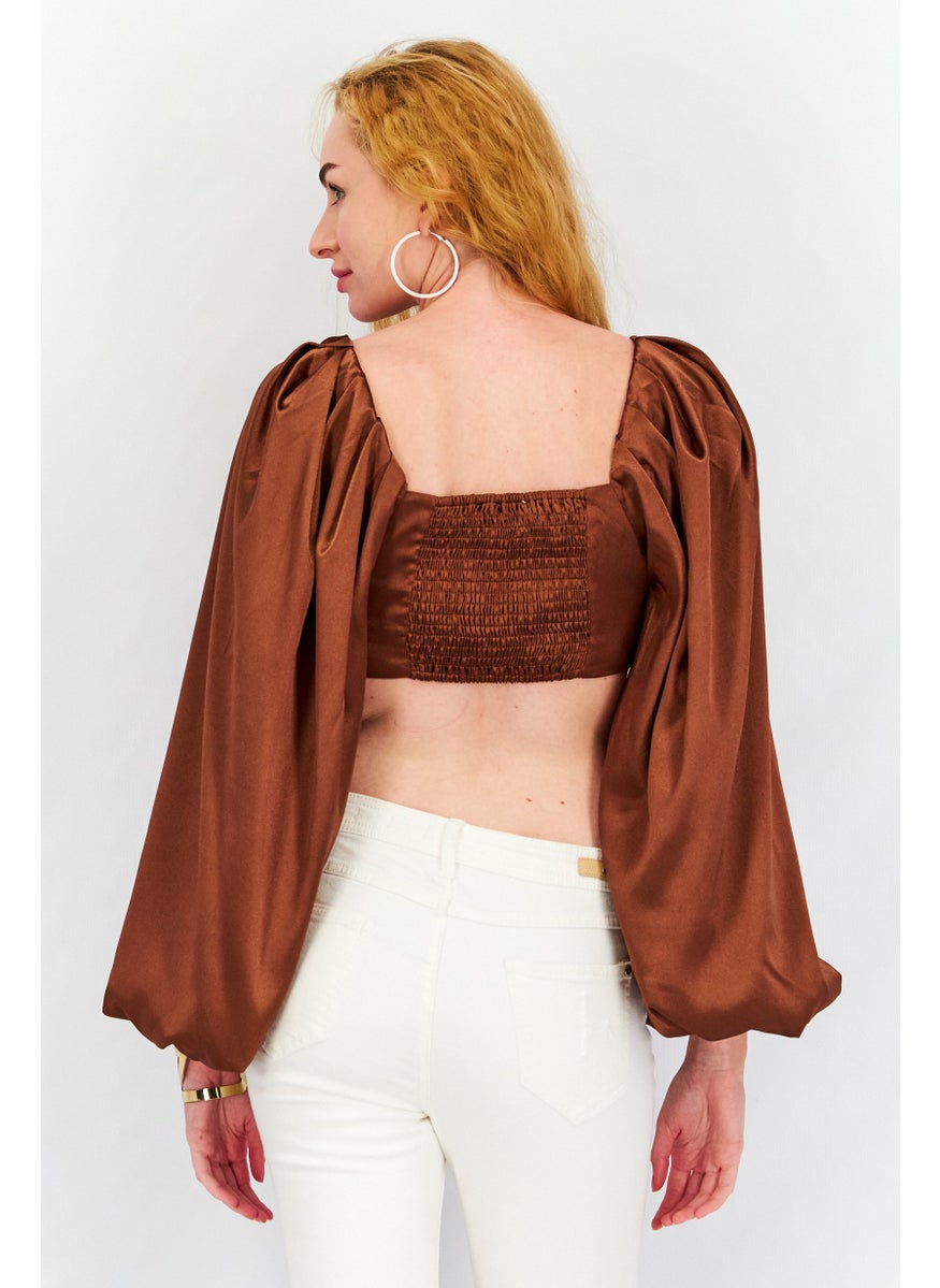 Yaura - Women Twist Neck Long Sleeves Plain Crop Blouse, Chocolate - Image 1