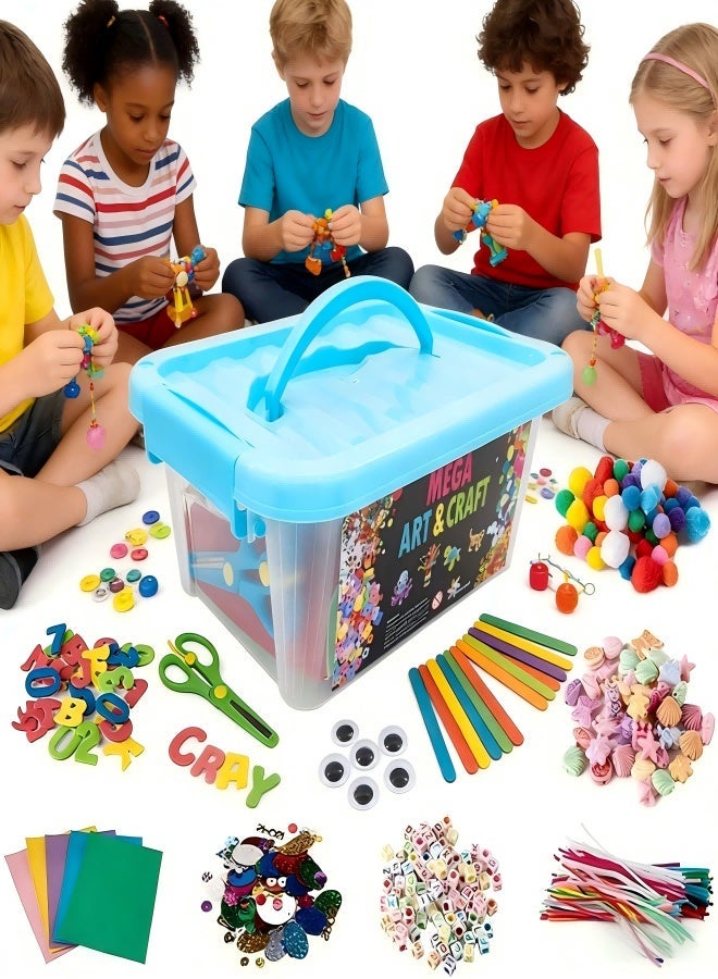 مجموعة أدوات فنية وحرفية يدوية الصنع مكونة من 800 قطعة مع صندوق تخزين ومجموعة مواد مع ملصقات حروف ونجوم من مادة إي في إيه وريش وعصي آيس كريم وأزرار وكرات شعر ومجموعات إكسسوارات حرفية للأطفال - Image 1