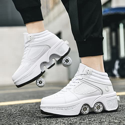 Deformation Roller Skates Roller Skate Shoes for Women Four Rounds Children's Roller Skates Shoes That Turn into Rollerskates Sneakers Outdoor Light Shoes with Wheels for Girls/Boys (White NO Light, US 7) - Image 2