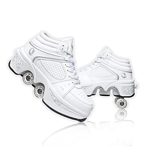 Deformation Roller Skates Roller Skate Shoes for Women Four Rounds Children's Roller Skates Shoes That Turn into Rollerskates Sneakers Outdoor Light Shoes with Wheels for Girls/Boys (White NO Light, US 7) - Image 1
