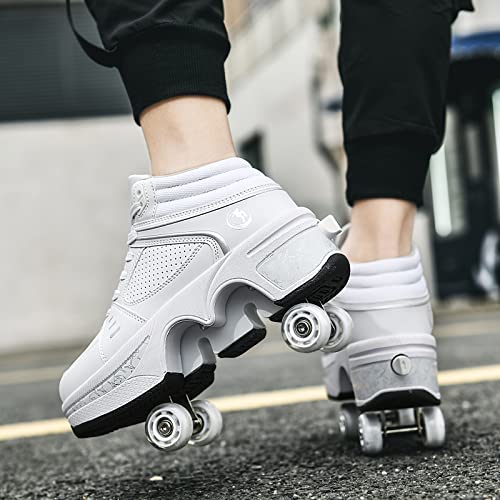 Deformation Roller Skates Roller Skate Shoes for Women Four Rounds Children's Roller Skates Shoes That Turn into Rollerskates Sneakers Outdoor Light Shoes with Wheels for Girls/Boys (White NO Light, US 7) - Image 4
