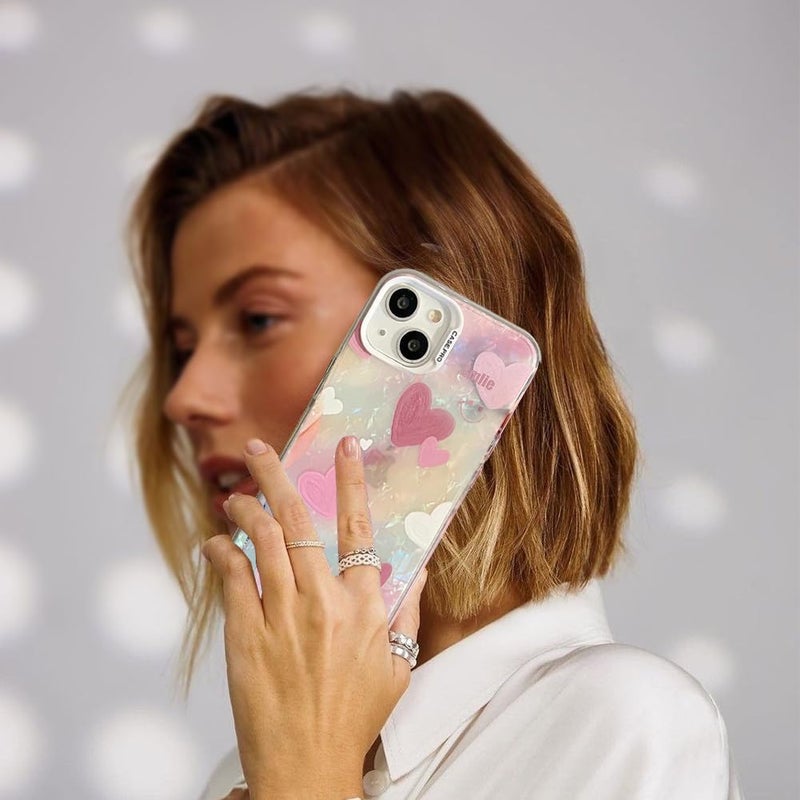 Mobistyle Designed for iPhone 13 Cover Cool Shining Shell Love Heart Pattern Design with TPU Edges Phone Back Cover Case for Girls Women (Bling Heart Pink) - Image 4