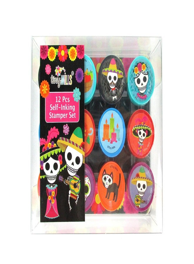 TINYMILLS Day of The Dead Stamp Set - 12 Pcs Self-Inking Stamper Kit with Sugar Skull & Floral Designs Día de Los Muertos Party Favors, Classroom Prizes, Craft Supplies, Non-Candy Goodie Bag Fillers - Image 2