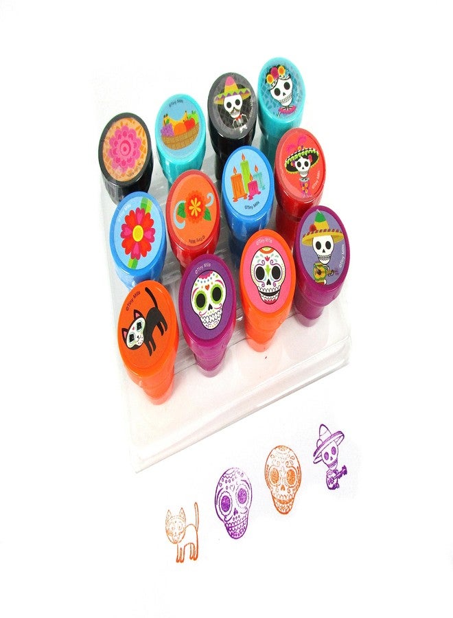 TINYMILLS Day of The Dead Stamp Set - 12 Pcs Self-Inking Stamper Kit with Sugar Skull & Floral Designs Día de Los Muertos Party Favors, Classroom Prizes, Craft Supplies, Non-Candy Goodie Bag Fillers - Image 1
