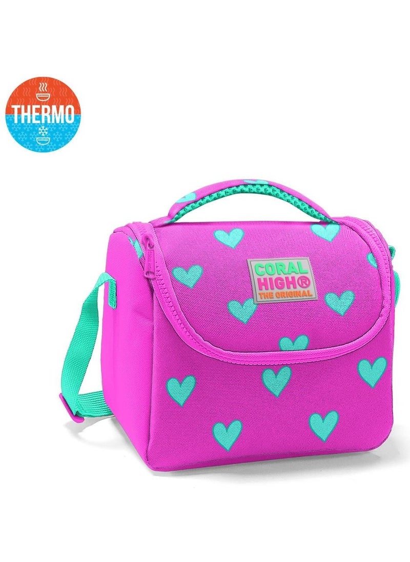 CORAL HIGH Kids Neon Pink Water Green Heart Patterned Thermo Lunchbox 11806  - Image 1