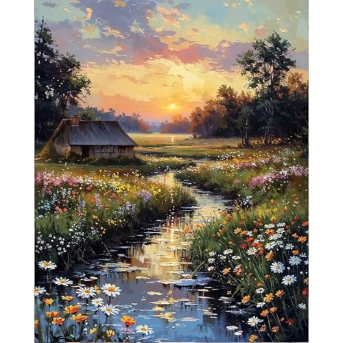 Camocin Paint by Numbers Kit for Adults Countryside Sunset Adult Paint by Number Kits on Canvas Without Frame for Beginner Stream Landscape Oil Painting by Numbers Kit for Gift Home Wall Decor 16x20 Inch - Image 1