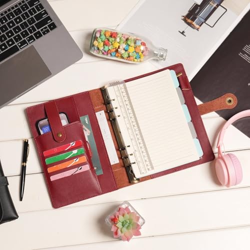 Wonderpool A5 Binder Journal Leather Spiral Notebook Refillable College Ruled Paper, Budget Binder Rings Diary Organizer with Pen for Office School Travel Business Planning Writing (Wine red,A5) - Image 3