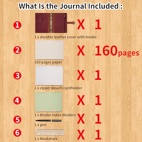 Wonderpool A5 Binder Journal Leather Spiral Notebook Refillable College Ruled Paper, Budget Binder Rings Diary Organizer with Pen for Office School Travel Business Planning Writing (Wine red,A5) - Image 5