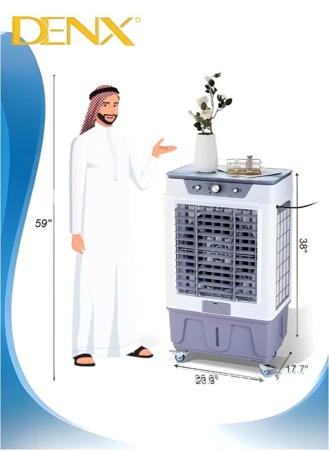 Denx, a portable desert air conditioner with a power of 100 watts that works with water, with a capacity of 20 liters and three speeds, suitable for the home, outdoor sessions, camping and trips.