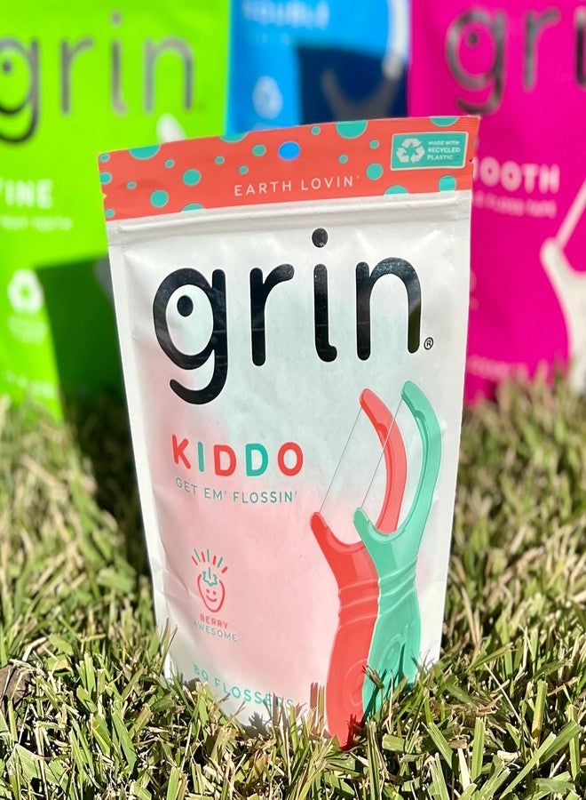 GRIN Kiddo Flossers, Berry Awesome Flavor, Recycled Plastic, Jumbo Grip, Get Your KIDDOS Flossin’ Early, Larger Floss Head, Child Safe! 80 Count, Floss Picks, Dental Flossers - Image 5