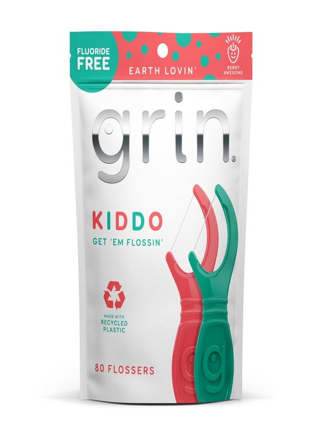 GRIN Kiddo Flossers, Berry Awesome Flavor, Recycled Plastic, Jumbo Grip, Get Your KIDDOS Flossin’ Early, Larger Floss Head, Child Safe! 80 Count, Floss Picks, Dental Flossers - Image 1
