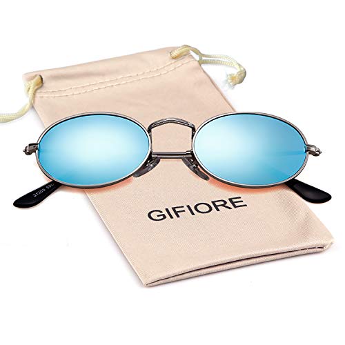 GIFIORE Oval Sunglasses for Women Men,Vintage Retro 90s Sunglasses Trendy Fashion Small Sun Glasses Unisex Stylish (Silver Frame Blue Mirrored Lens) - Image 2