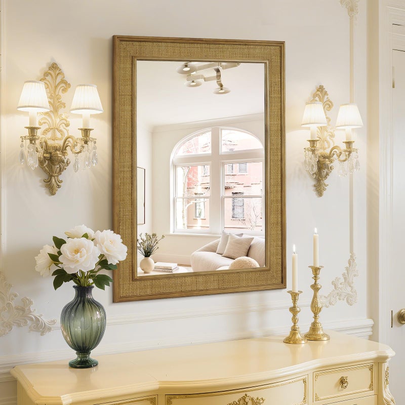 WallBeyond Rattan Wall Mirror Rectangle, 24 X 32 inch Rattan Mirror with Wooden Framed for Wall Decor Bathroom, Living Room, Entryway, Farmhouse, Bedroom - Image 3