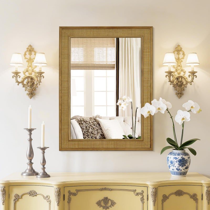 WallBeyond Rattan Wall Mirror Rectangle, 24 X 32 inch Rattan Mirror with Wooden Framed for Wall Decor Bathroom, Living Room, Entryway, Farmhouse, Bedroom - Image 2