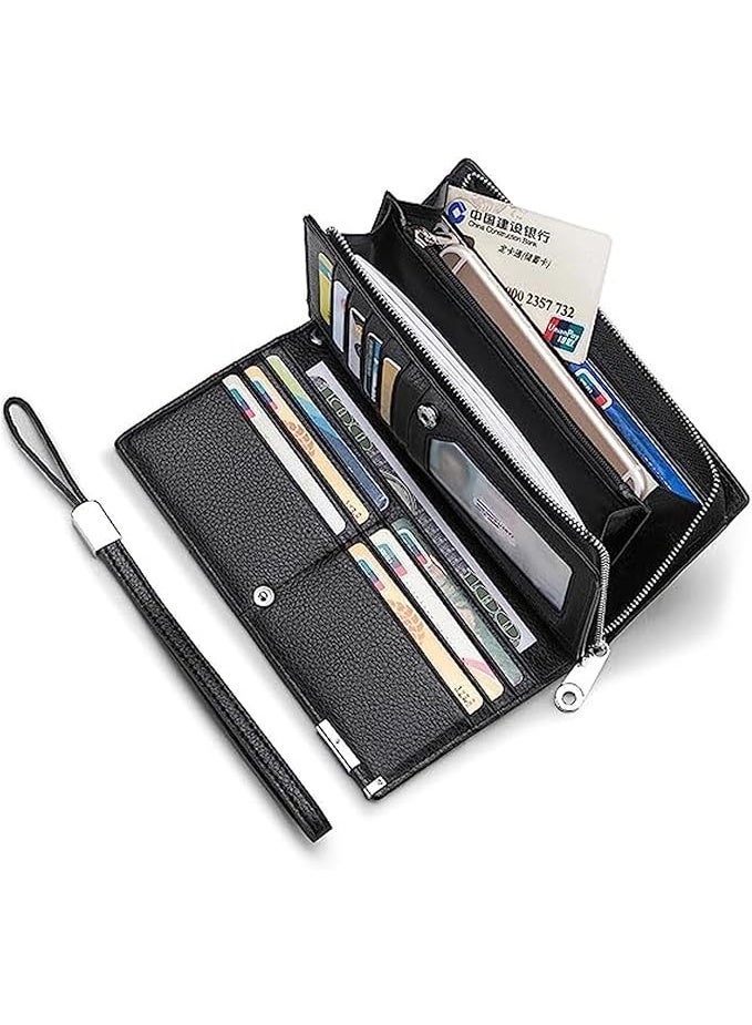 Men's Genuine Leather Long Wallet RFID Blocking Multiple Credit Cards Large Capacity Zipper Travel Clutch, Black, Casual - Image 2