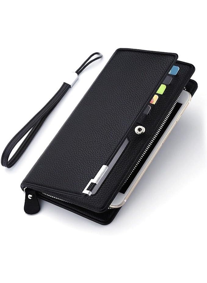 Men's Genuine Leather Long Wallet RFID Blocking Multiple Credit Cards Large Capacity Zipper Travel Clutch, Black, Casual - Image 1