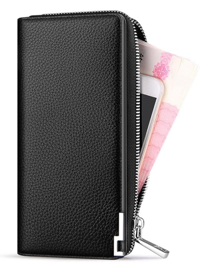 Men's Genuine Leather Long Wallet RFID Blocking Multiple Credit Cards Large Capacity Zipper Travel Clutch, Black, Casual - Image 3