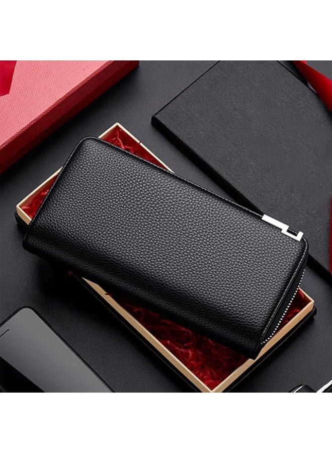 Men's Genuine Leather Long Wallet RFID Blocking Multiple Credit Cards Large Capacity Zipper Travel Clutch, Black, Casual - Image 4