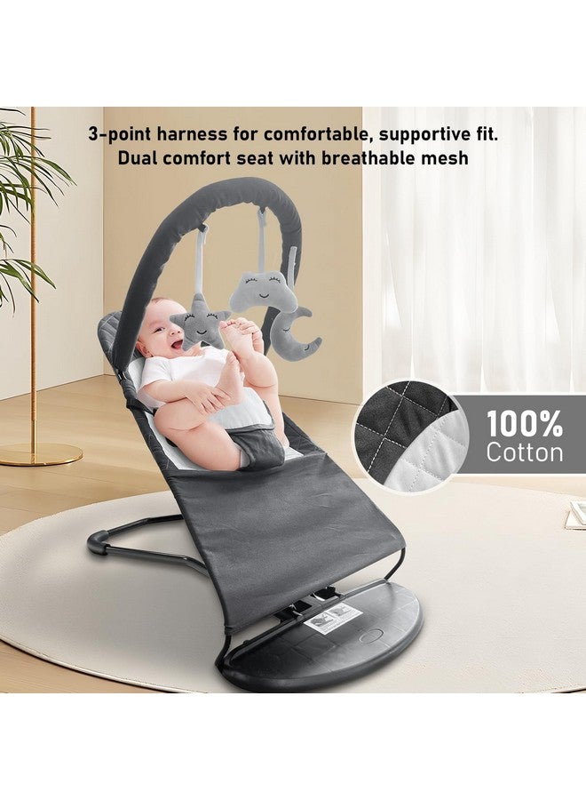 HOUSEHOLD WORLD HOUSEHOLD WORLD Portable Baby Bouncer Seat for Babies 0-18 Months, 100% Cotton Fabrics, Adjustable Multi Position Baby Bouncer Seat, Infant Rocker Chair with Hanging Toys-Dark Grey - Image 3