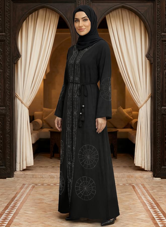 globus Women Black Embellished Abaya with Hijab - Image 2