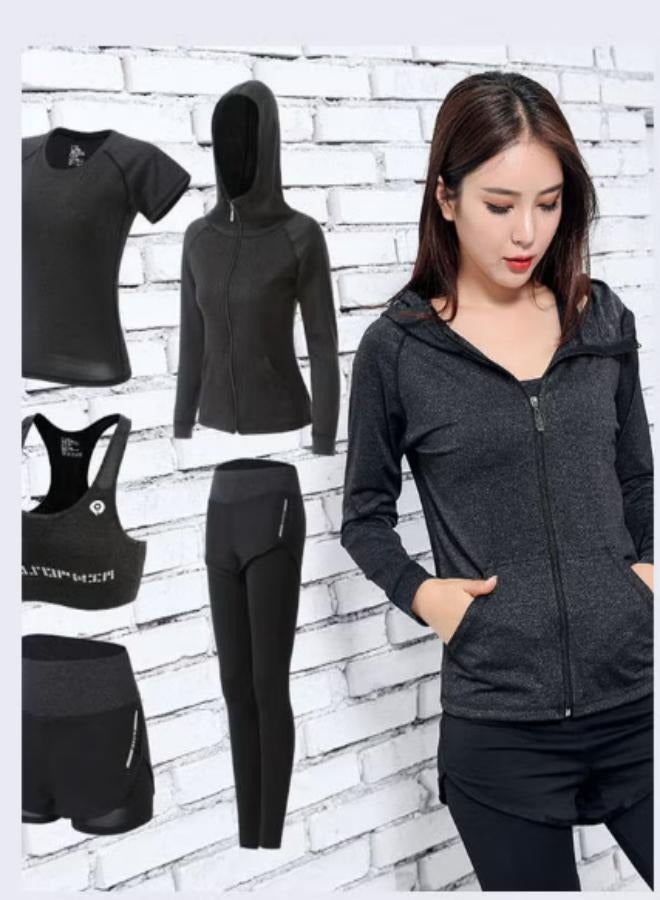 Generic 5-Piece Gym Running Sport Yoga Bra Shorts Pant Trousers Top Coat Tracksuit Grey - Image 2