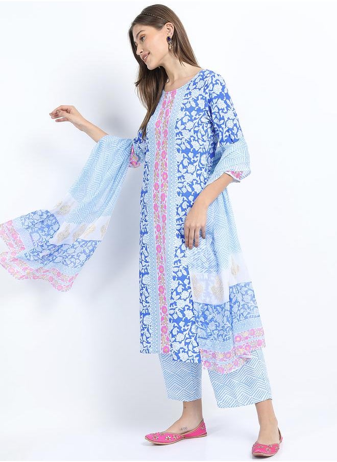 Vishudh Women Blue Printed Kurta Set with Dupatta by Styli  - Image 2