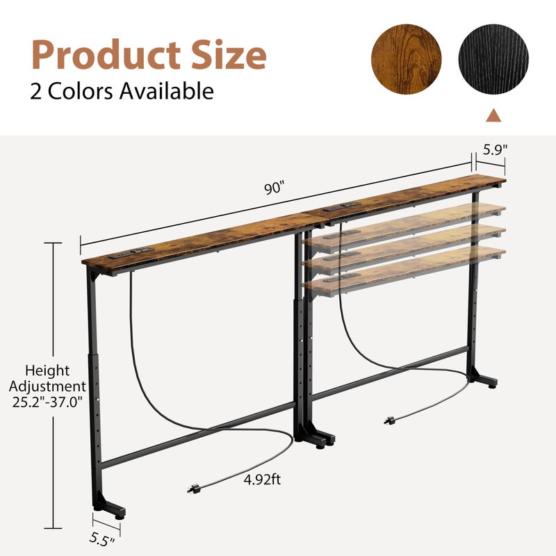 GRLEAF 2 Pack Adjustable Height Narrow Console Table with Power Outlets, 90" Long Sofa Table with Charging Station Behind Couch Table Entryway Table for Living Room and Hallway â€“ Rustic Brown - Image 2