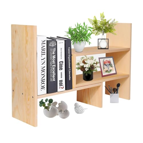 Flexzion Natural Wooden Desktop Shelf Wood Caddy Desk Organizer Set Office Storage Adjustable Expandable Tabletop Accessory Sorter Bookcase Display Stand Rack Beige