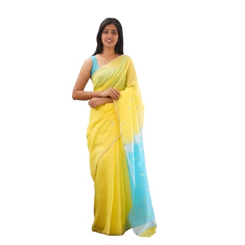 Vivatra Women Banarasi Soft Silk Saree | Jacquard Weaving with Rich Pallu & Border | Includ Matching Utitched Blouse Piece (VT-KP-6050-Yellow_Blue) - Image 1