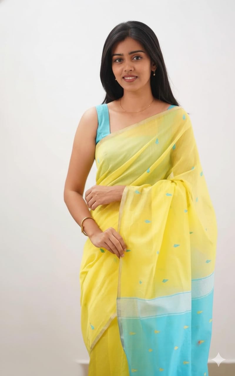 Vivatra Women Banarasi Soft Silk Saree | Jacquard Weaving with Rich Pallu & Border | Includ Matching Utitched Blouse Piece (VT-KP-6050-Yellow_Blue) - Image 4