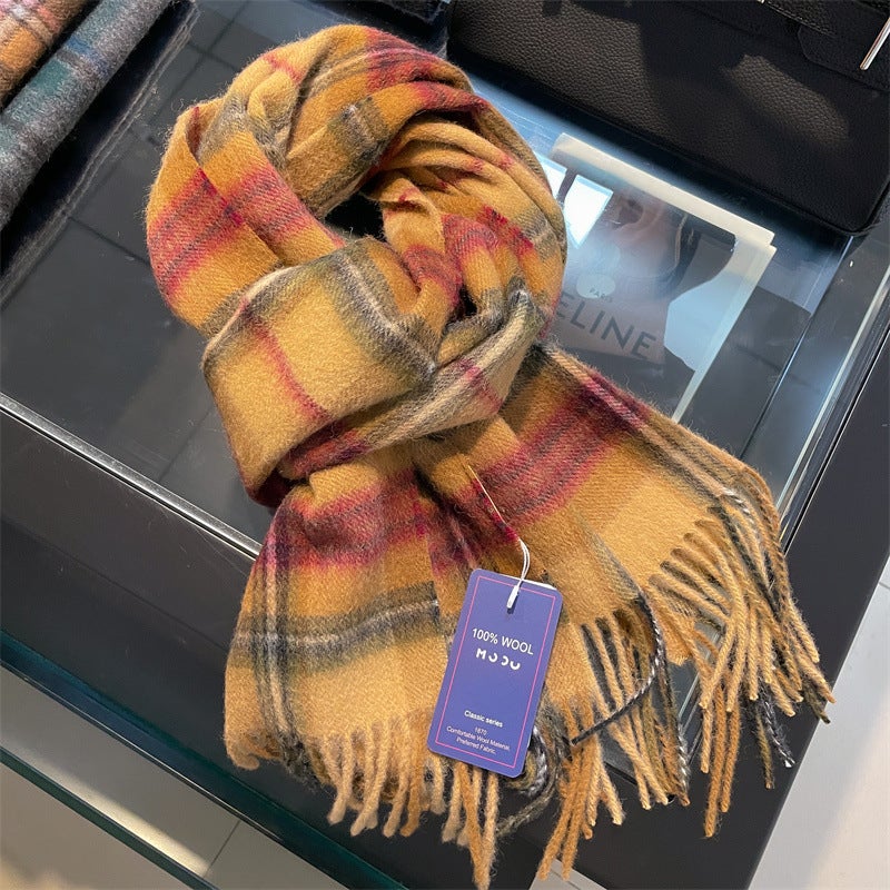 New Arrival 100% Wool Plaid Scarf Womens Winter Winter Student All-Match Mens and Womens Warm Wool Scarf for Couple 09#Orange pink purple grid - Image 4