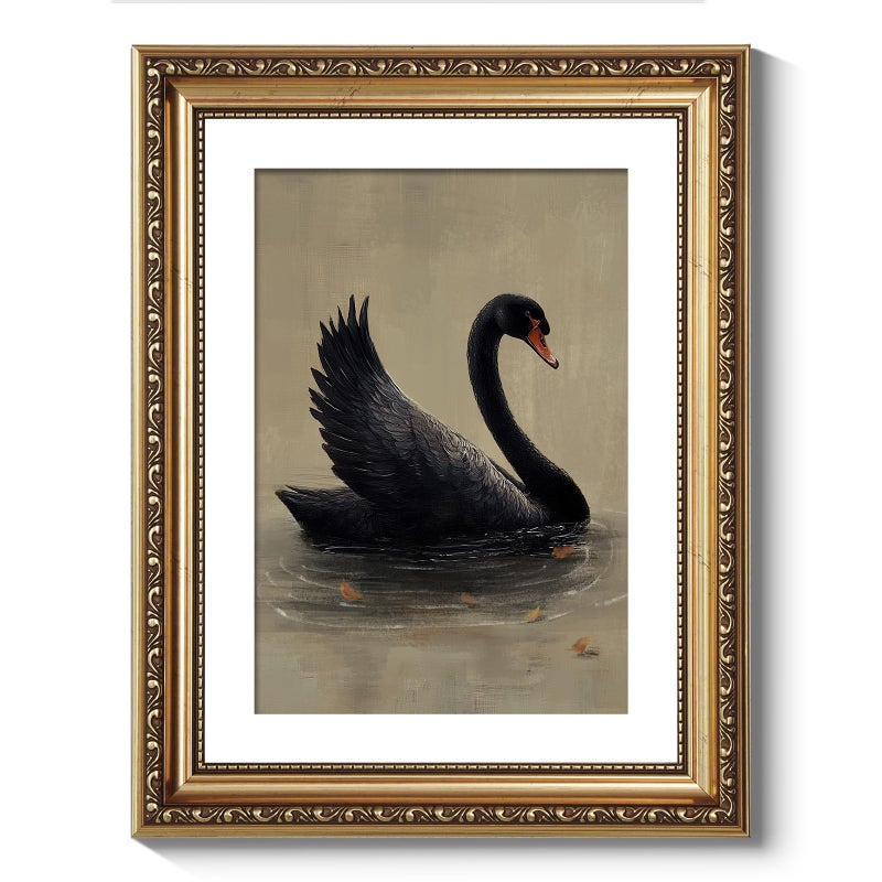 لوحة فنية مؤطرة بإطار ذهبي عتيق لسوان أسود أنيق 11x14 بوصة