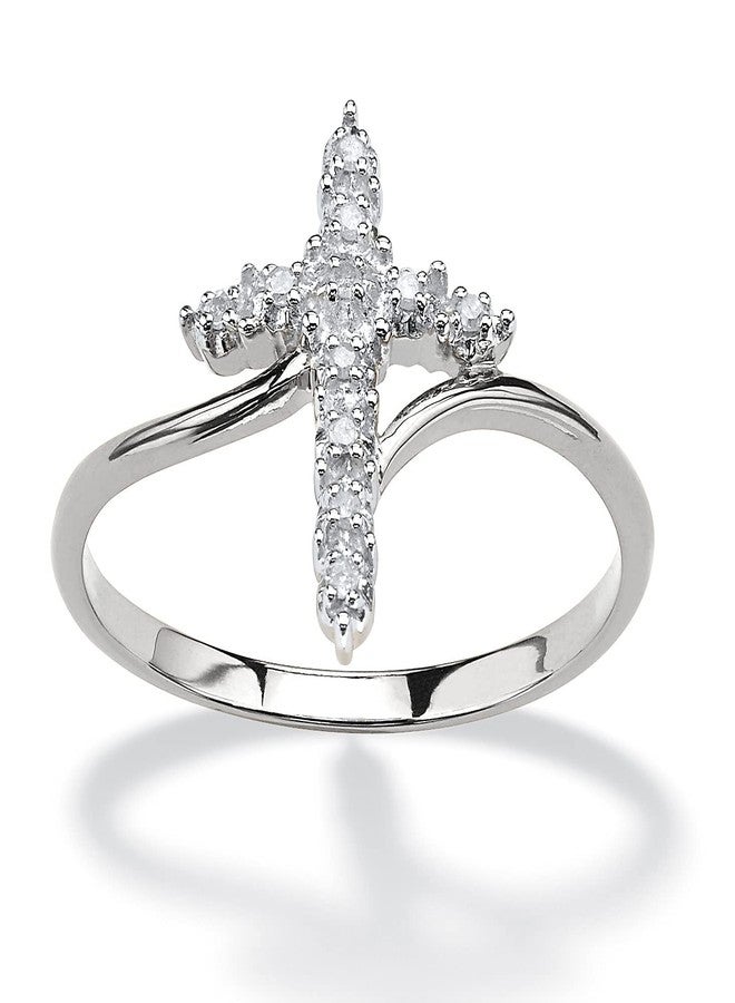 Savlano 18K White Gold Plated Round Cut Cubic Zirconia Accent Vertical Cross Bypass Band Ring Women Religious Ring (9) - Image 1