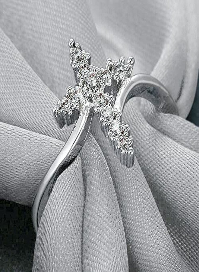 Savlano 18K White Gold Plated Round Cut Cubic Zirconia Accent Vertical Cross Bypass Band Ring Women Religious Ring (9) - Image 2