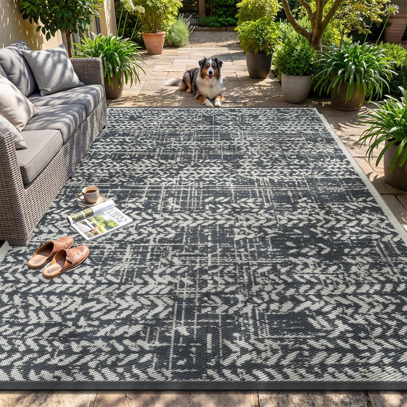 MontVoo Outdoor Rug Waterproof-Patio Rug Mat 5x8 Outdoor RV Camping Picnic Beach Mat Plastic Straw Rugs Outside Outdoor Area Rugs for Balcony Deck Backyard Grey - Image 1