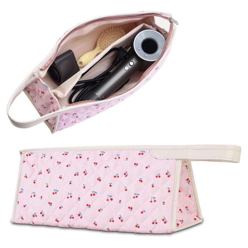 GISMTR Large Quilted Hair Tools Travel Bag, Cotton Floral Carrying Storage Bag for Hair Dryer and Attachments, Cute Portable Organizer with Handle - Image 1