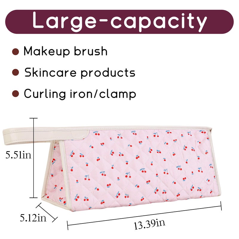 GISMTR Large Quilted Hair Tools Travel Bag, Cotton Floral Carrying Storage Bag for Hair Dryer and Attachments, Cute Portable Organizer with Handle - Image 2
