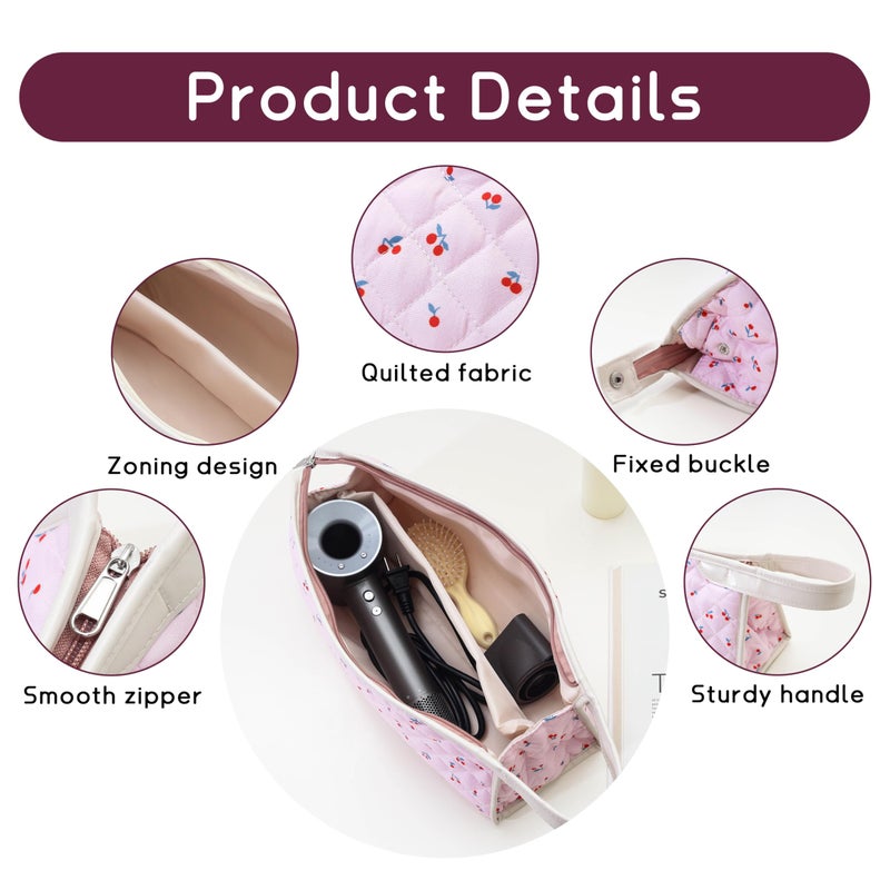 GISMTR Large Quilted Hair Tools Travel Bag, Cotton Floral Carrying Storage Bag for Hair Dryer and Attachments, Cute Portable Organizer with Handle - Image 3