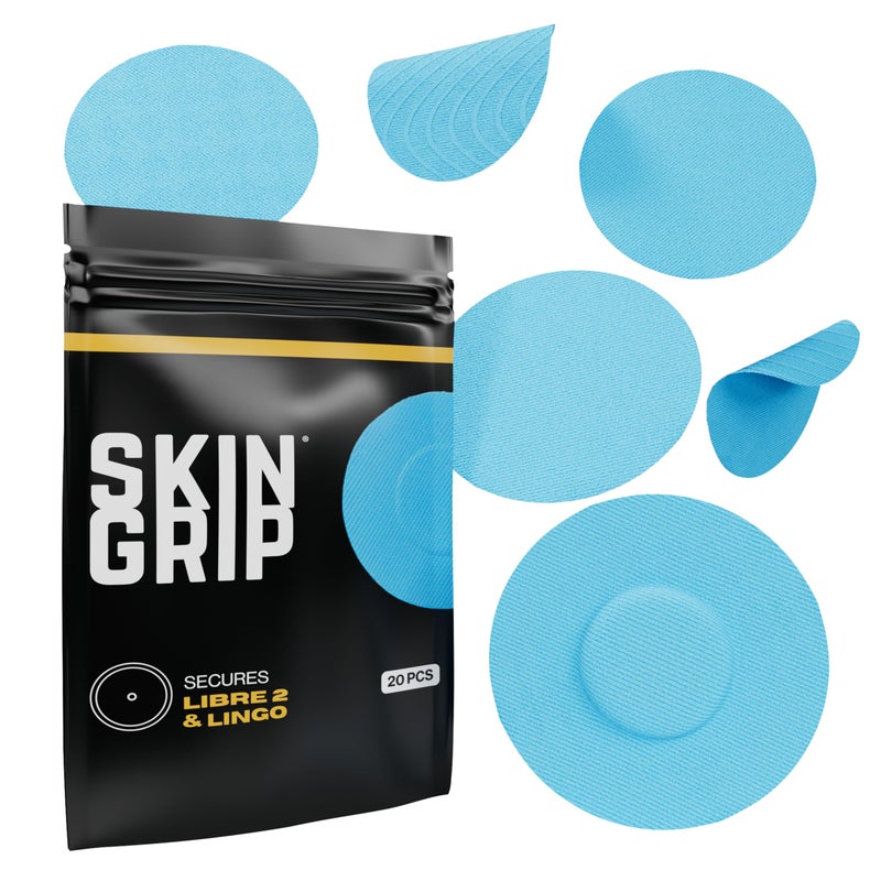 Skin Grip Freestyle Libre 2 Sensor Covers & Lingo CGM â€“ Waterproof and Sweatproof Adhesive for 10-15 Days, Pre-Cut Medical Tape, Continuous Glucose Monitor Patch â€“ 20 Pack, Blue - Image 1