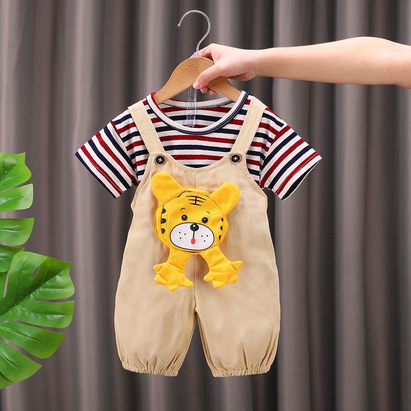 Cross-border childrens clothing summer new boys baby baby childrens suit suspenders cartoon short sleeve suit Khaki 