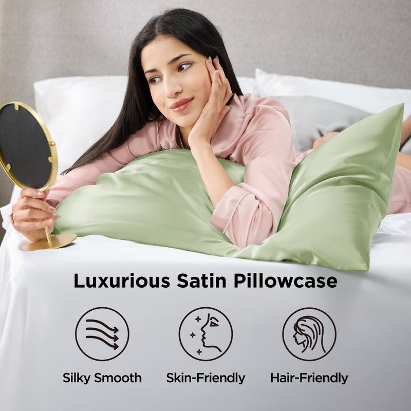 Bedsure Satin Pillowcase 2 Pack Similar to Silk Pillow Cases Standard Size, Pillow Case for Sleeping Women with Envelope Closure, Gifts for Women Men, Sage Green, 20x26 Inches, 2pcs - Image 3