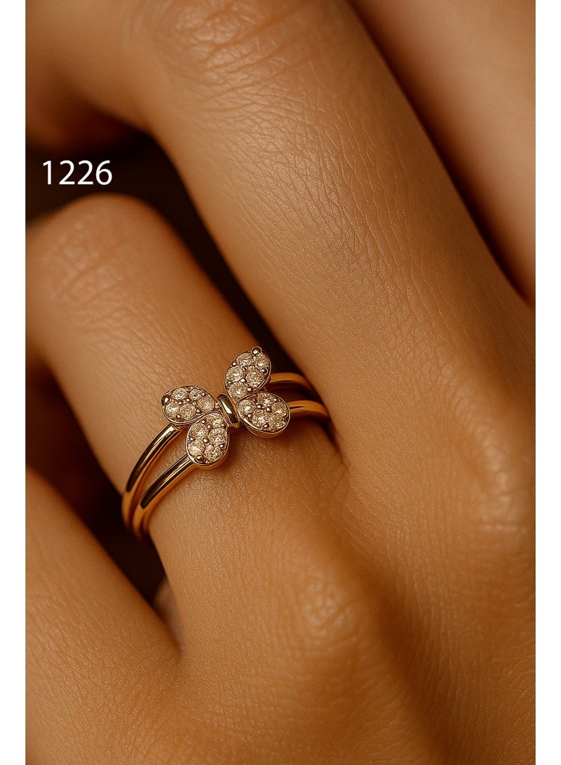 ثري دايموندز خاتم فراشة للسيدات مطلي بالذهب عيار 18 - تصميم مزدوج بلمسات من أحجار الزركون، مظهر أنيق وأنثوي، علبة هدايا فاخرة - Image 1