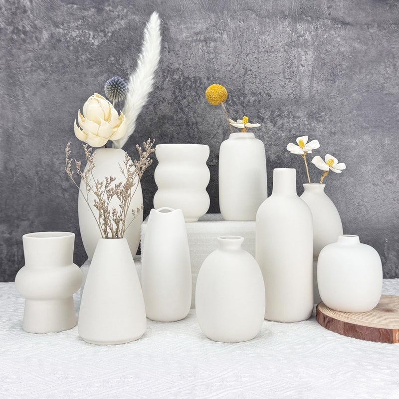 Xunsiga White Vases Set of 10, Small Ceramic Flower Vases Bulk Bud Vases for Wedding Table Centerpieces Decor Pampas Grass Modern Boho Home Party Decor DIY Gift - Image 1
